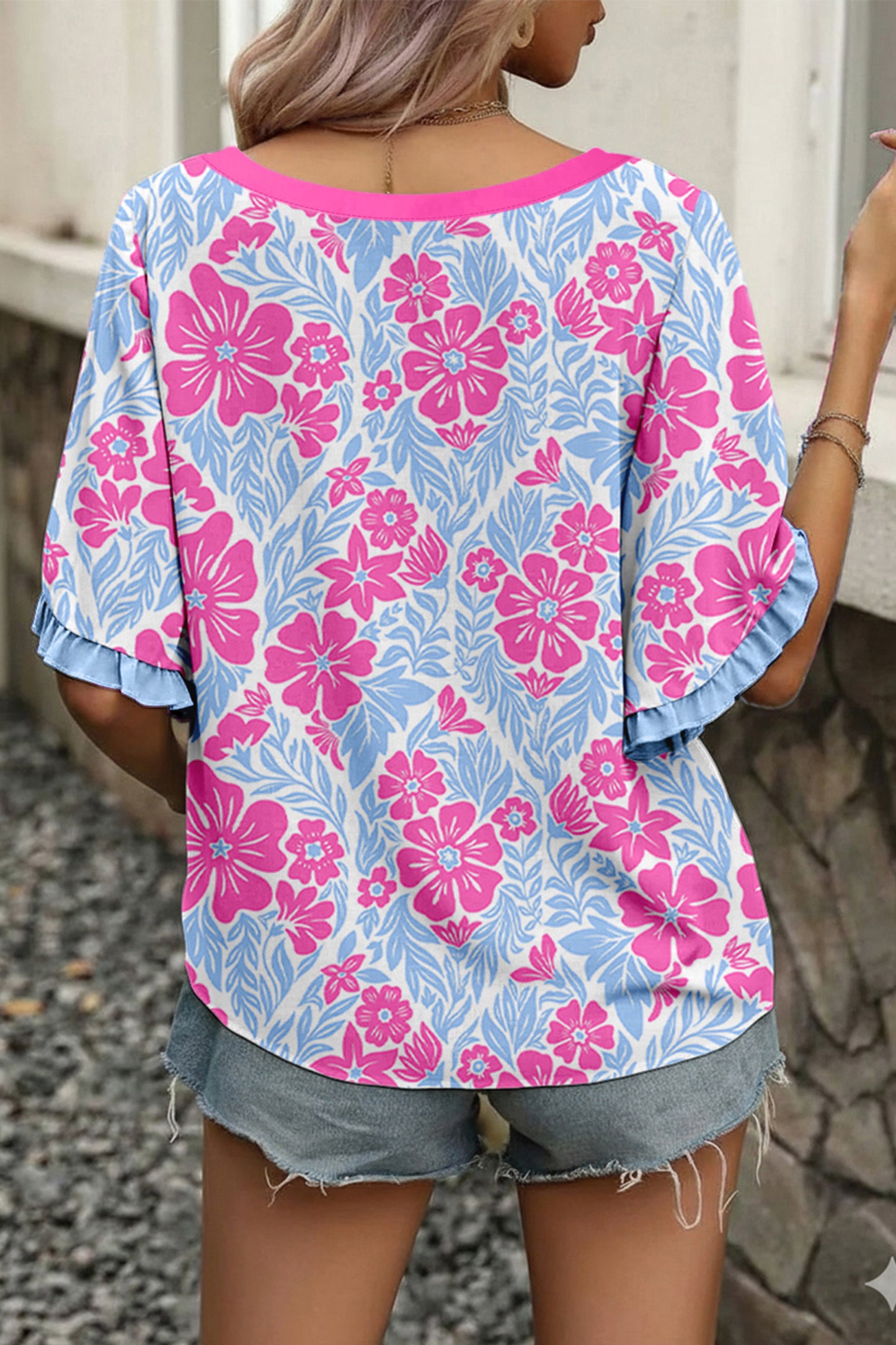Rose Floral Print Ruffled Color Block Trim Half Sleeve Blouse-Tops/Blouses & Shirts-[Adult]-[Female]-2022 Online Blue Zone Planet