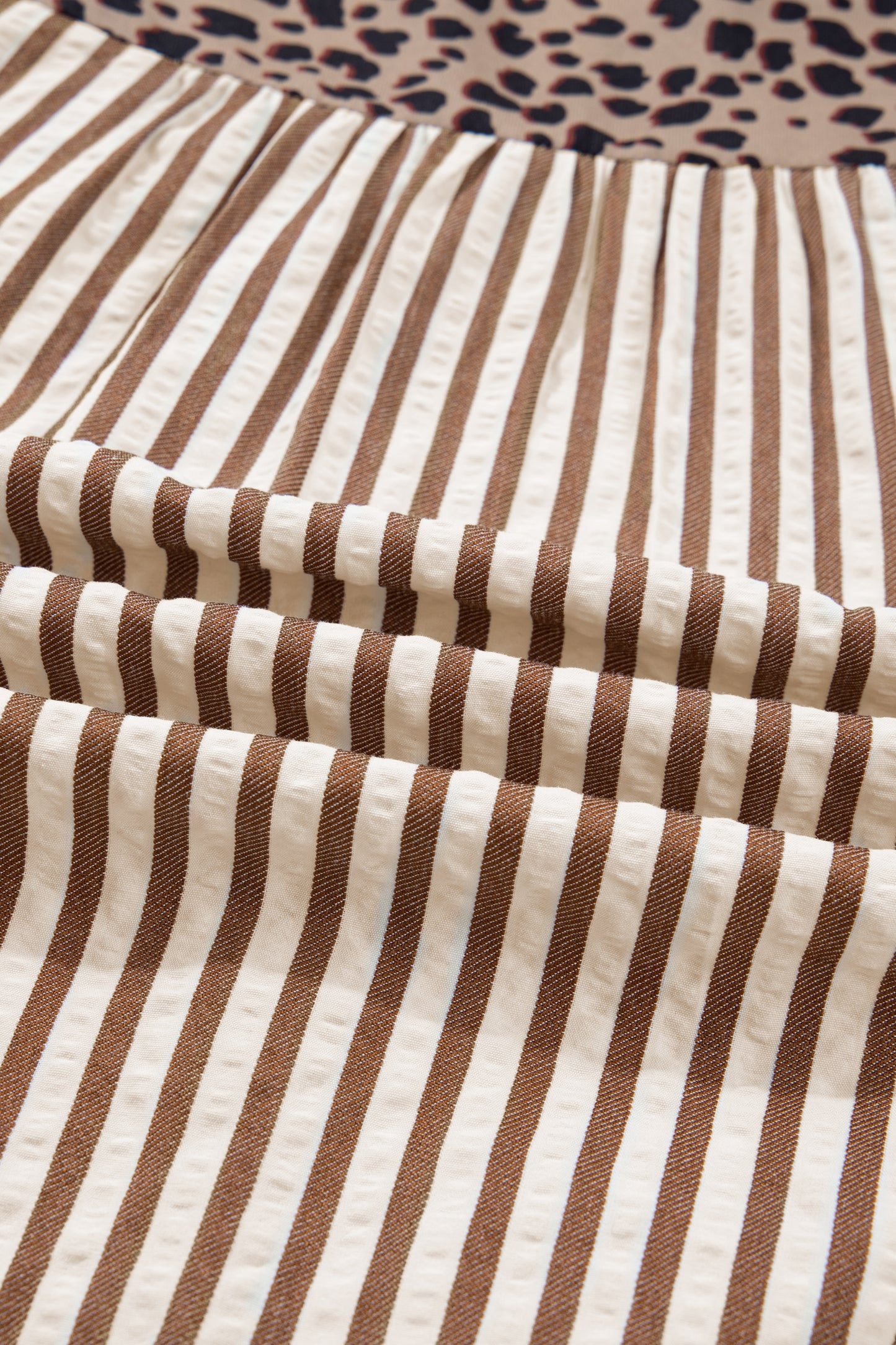 Brown Stripe Leopard Trim V Neck Button Down Half Sleeve Shirt-Tops/Blouses & Shirts-[Adult]-[Female]-2022 Online Blue Zone Planet