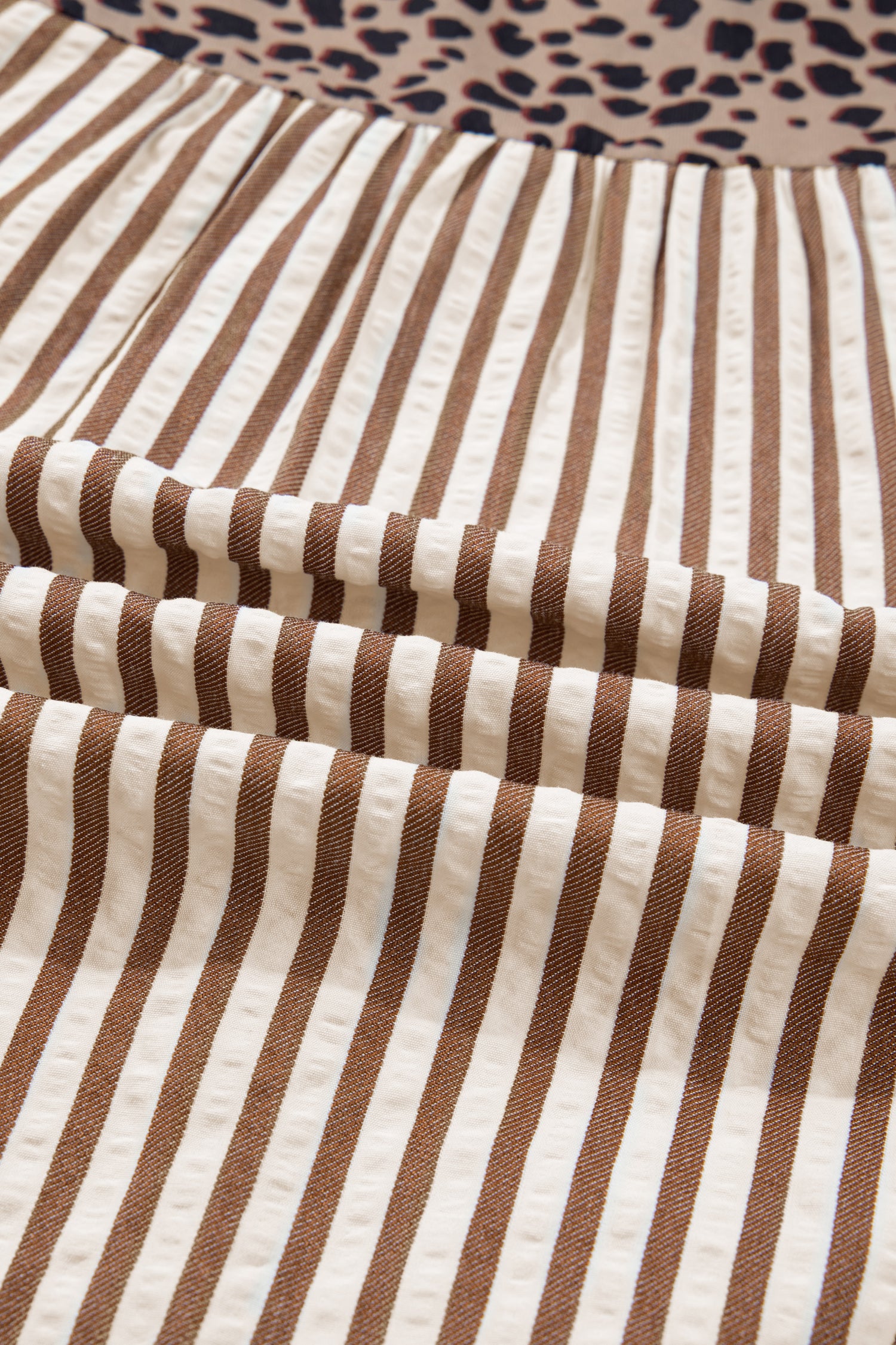 Brown Stripe Leopard Trim V Neck Button Down Half Sleeve Shirt-Tops/Blouses & Shirts-[Adult]-[Female]-2022 Online Blue Zone Planet