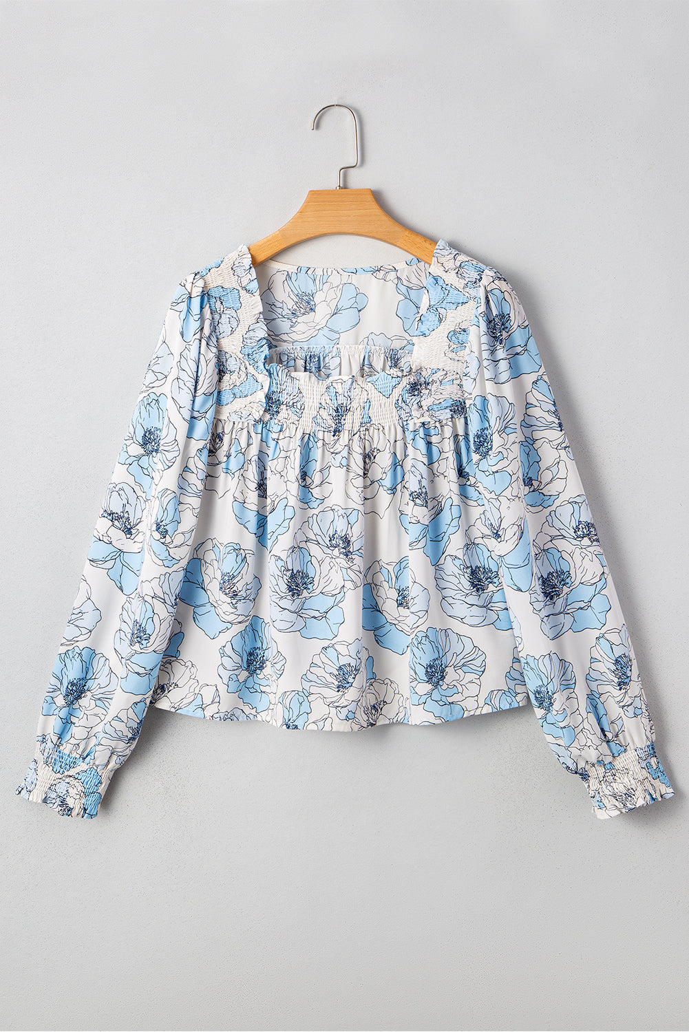 Sky Blue Floral Print Frilly Smocked Square Neck Long Sleeve Blouse-Tops/Blouses & Shirts-[Adult]-[Female]-2022 Online Blue Zone Planet