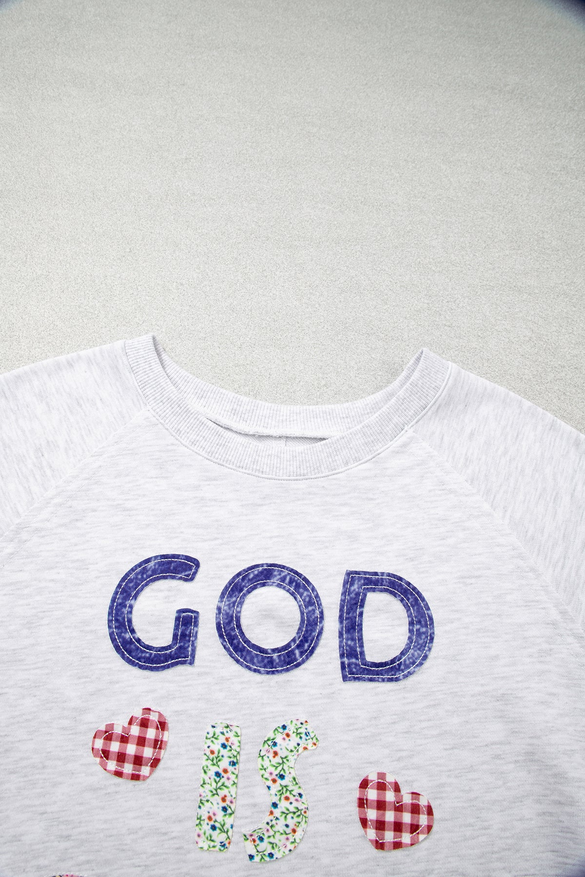 Light Grey GOD IS GOOD Patchwork Applique Relaxed 3/4 Sleeve Tunic Top-Tops/Tops & Tees-[Adult]-[Female]-2022 Online Blue Zone Planet