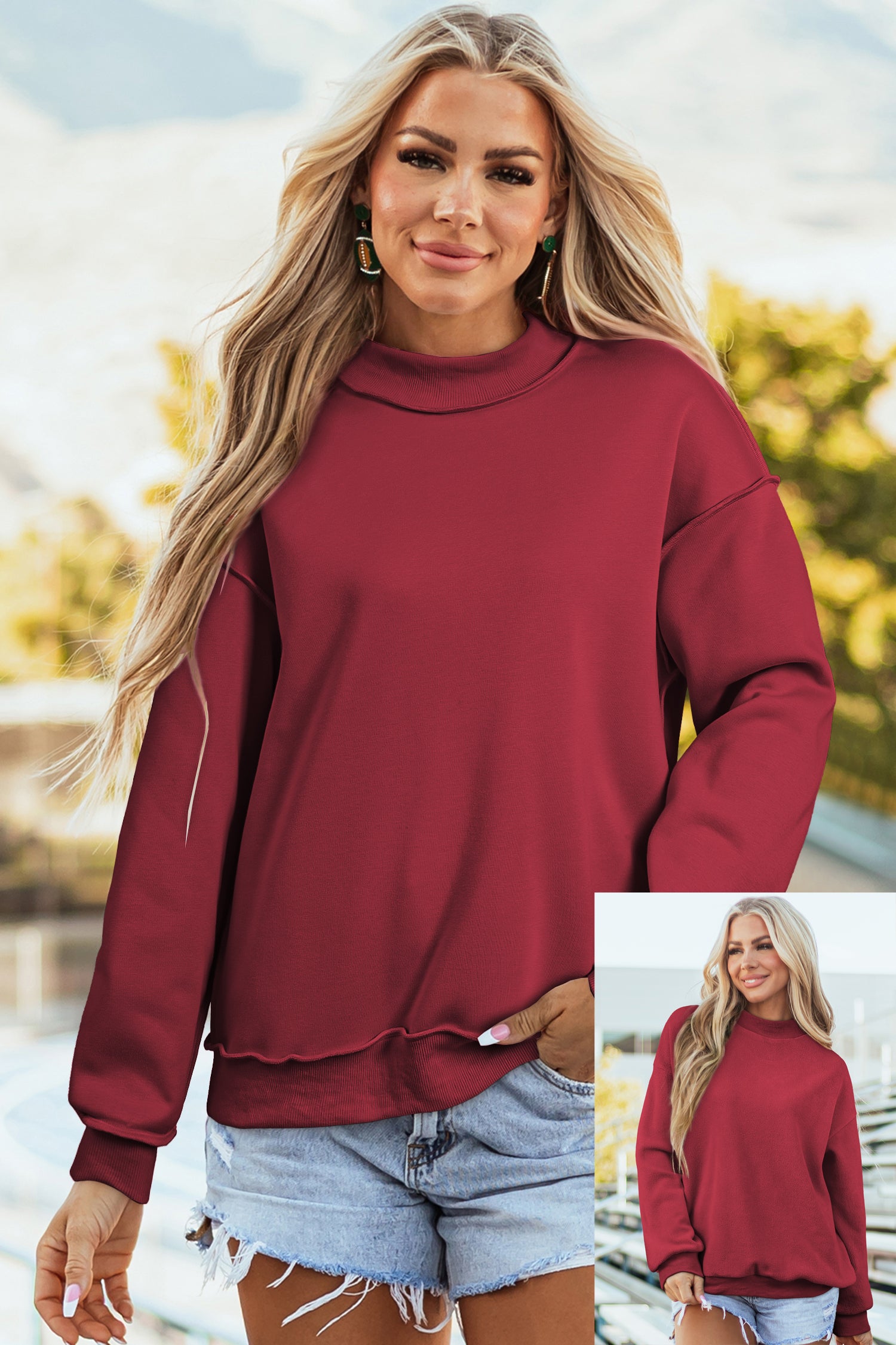 Red Dahlia Oversize Drop Shoulder Reversible Mock Neck Sweatshirt-Tops/Sweatshirts & Hoodies-[Adult]-[Female]-2022 Online Blue Zone Planet