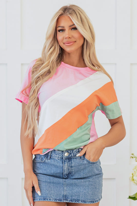 Pink Color Block Patchwork Seamed Crewneck T Shirt-Tops/Tops & Tees-[Adult]-[Female]-Pink-S-2022 Online Blue Zone Planet