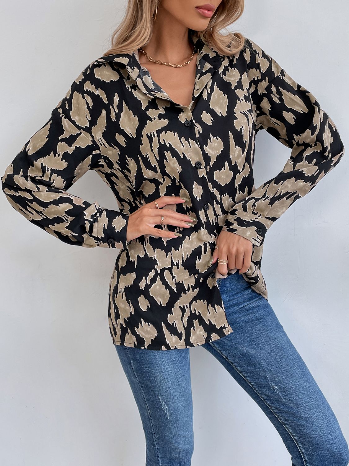 Printed Button Down Collared Neck Long Sleeve Shirt-TOPS / DRESSES-[Adult]-[Female]-2022 Online Blue Zone Planet