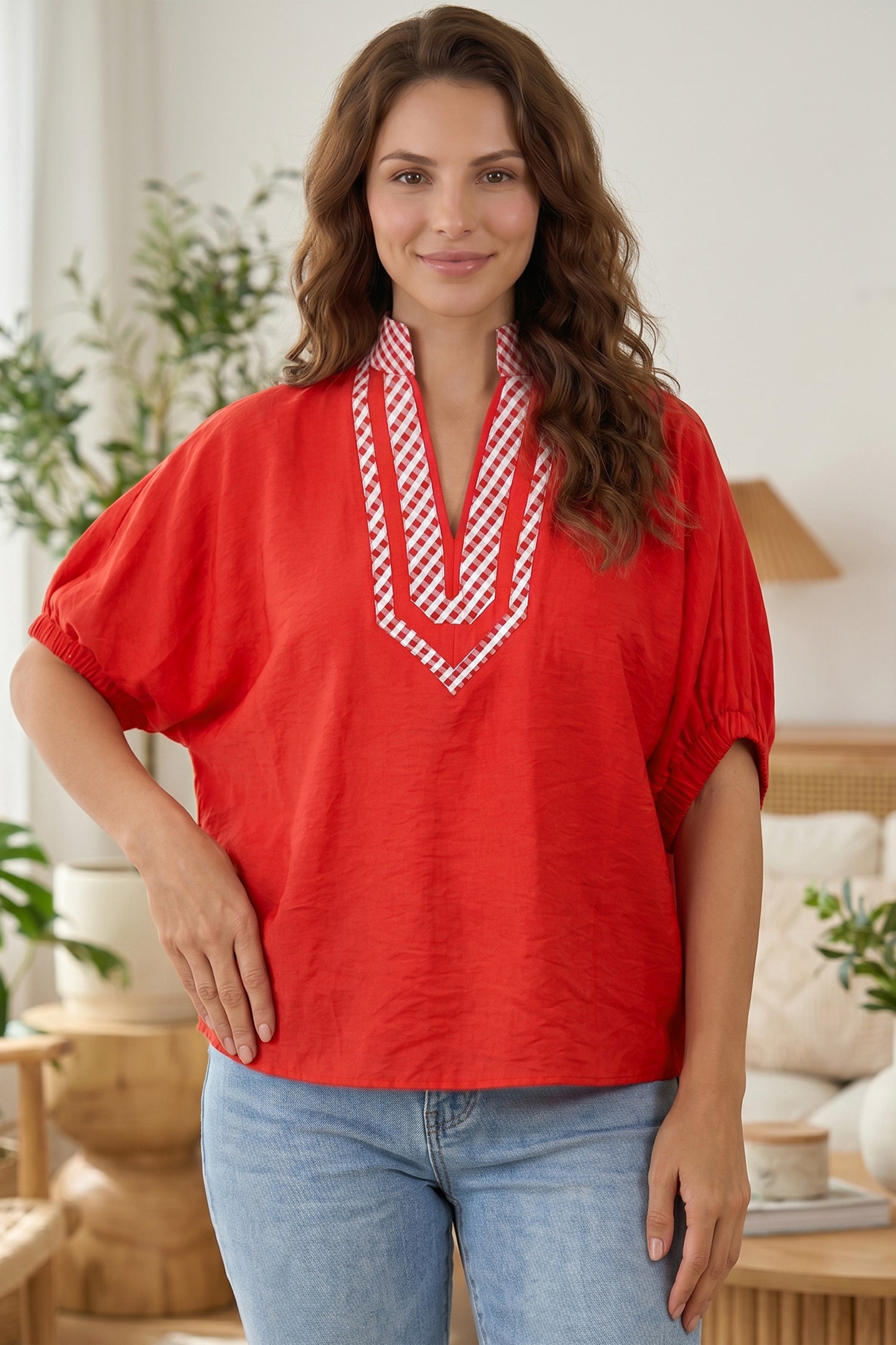 Red V Neck Plaid Collar Short Sleeve Tunic Blouse-Tops/Blouses & Shirts-[Adult]-[Female]-2022 Online Blue Zone Planet