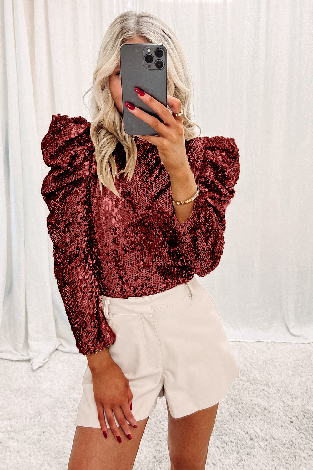 Burgundy Sequin Mock Neck Bubble Sleeve Top-Tops/Long Sleeve Tops-[Adult]-[Female]-2022 Online Blue Zone Planet