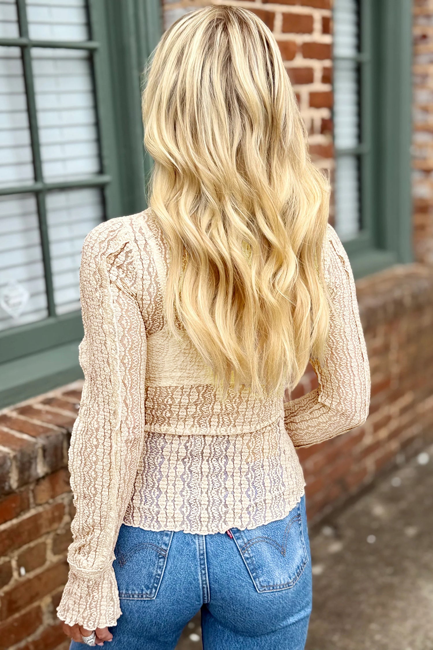 Apricot Flounced Long Sleeve Mock Neck Sheer Lace Top-Tops/Long Sleeve Tops-[Adult]-[Female]-2022 Online Blue Zone Planet