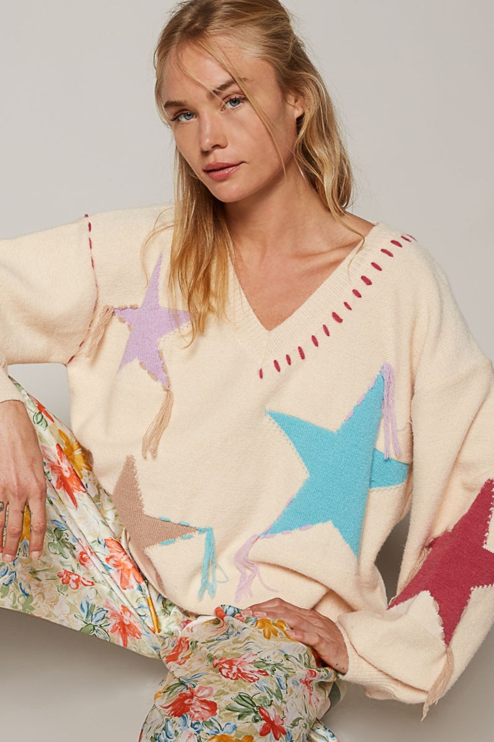 POL V-Neck Long Sleeve Star Fringe Sweater-TOPS / DRESSES-[Adult]-[Female]-Pale Beige-S-2022 Online Blue Zone Planet