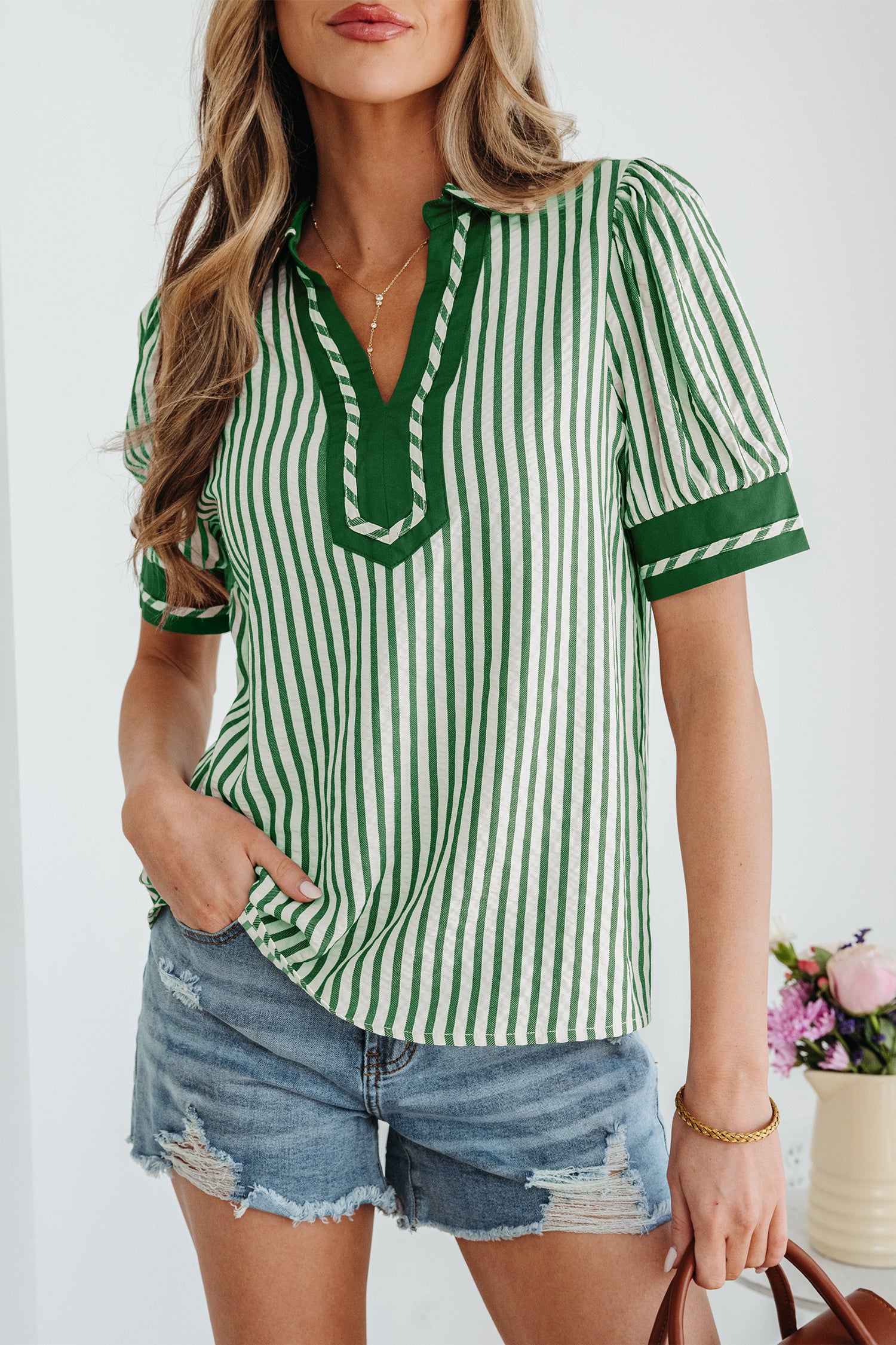 Green Stripe Collared Split Neck Short Bubble Sleeve Blouse-Tops/Blouses & Shirts-[Adult]-[Female]-2022 Online Blue Zone Planet