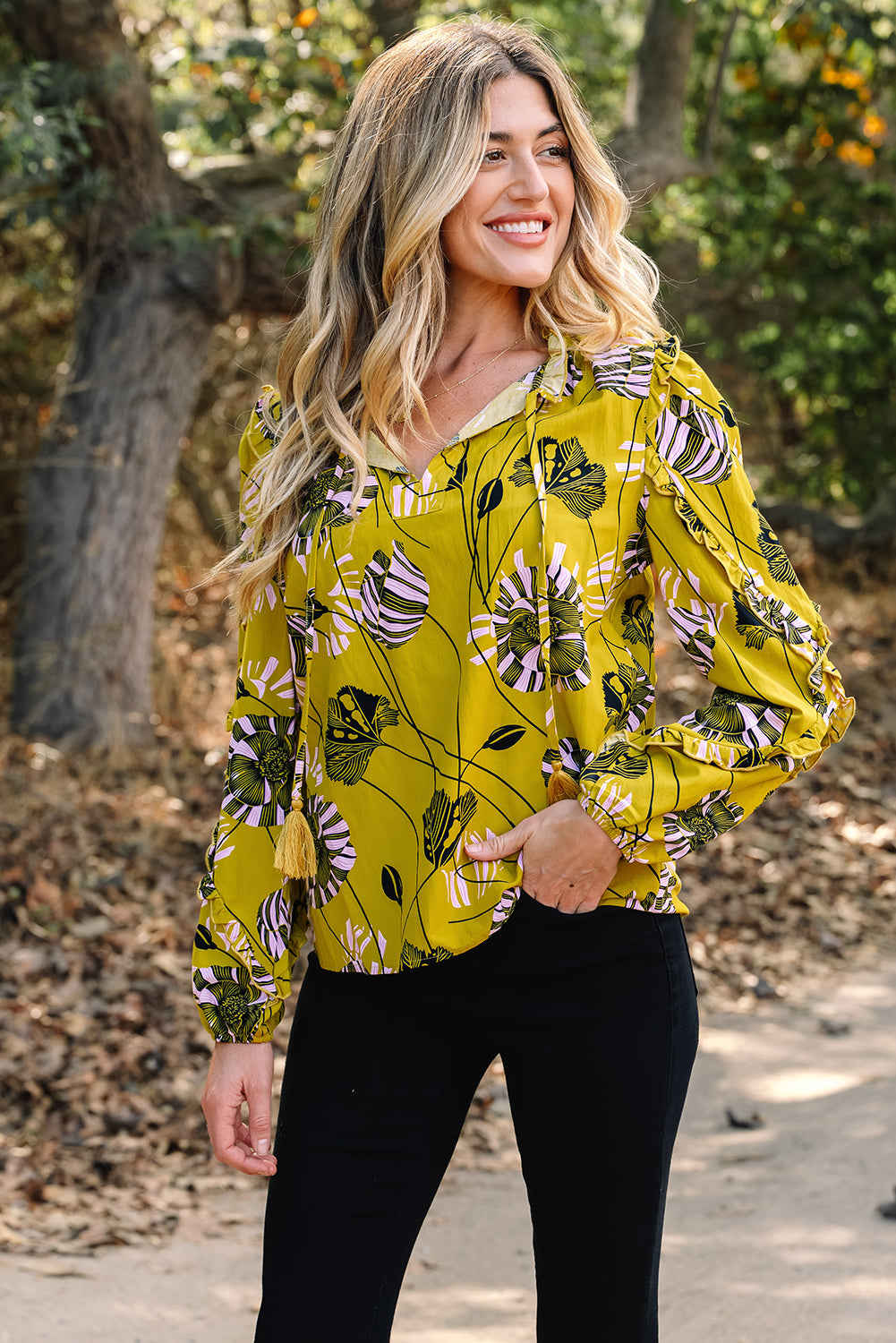 Yellow Vintage Floral V Neck Ruffle Trim Long Sleeve Blouse-Tops/Blouses & Shirts-[Adult]-[Female]-2022 Online Blue Zone Planet