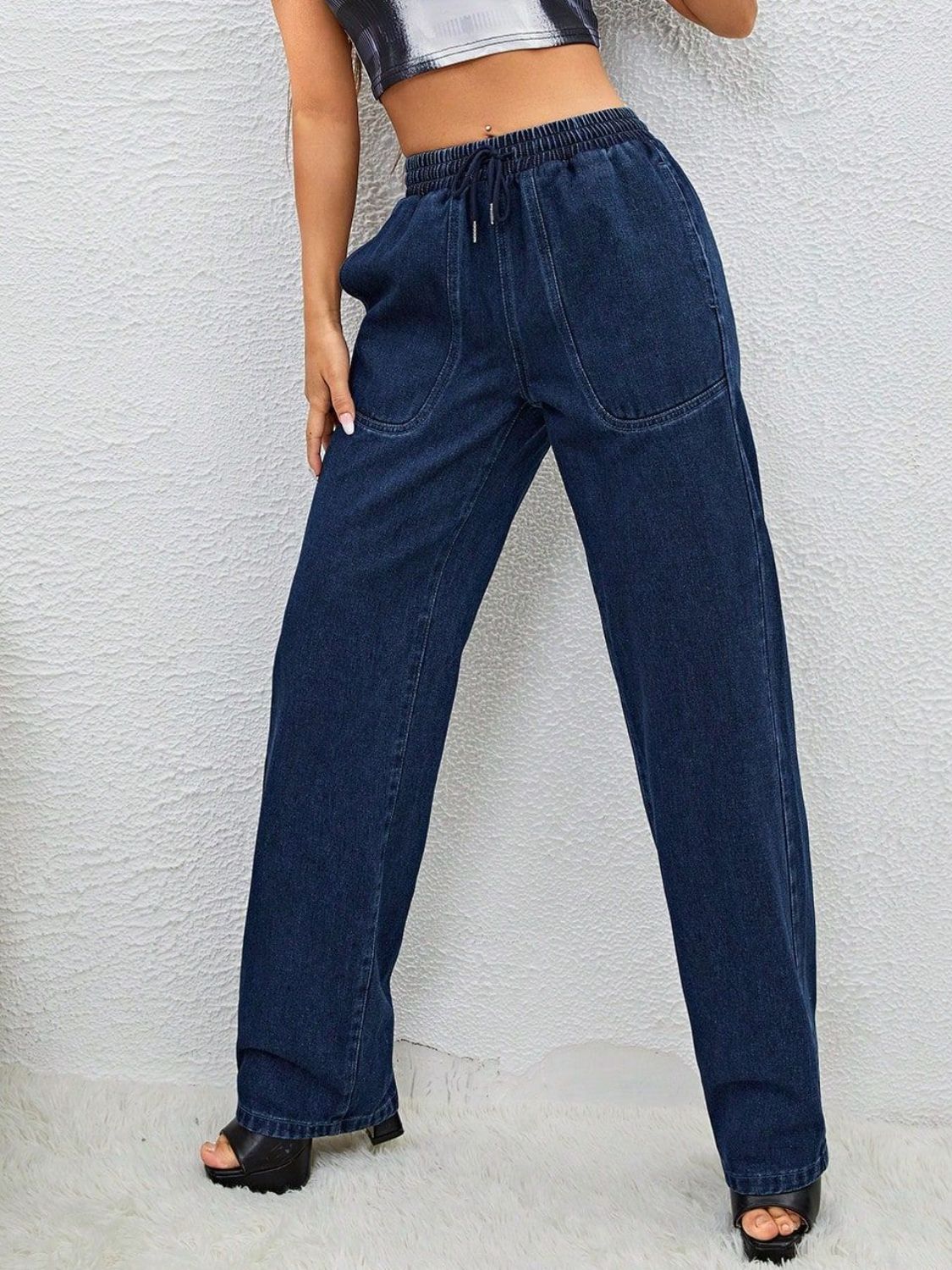 Drawstring Elastic Waist Jeans with Pockets-[Adult]-[Female]-2022 Online Blue Zone Planet