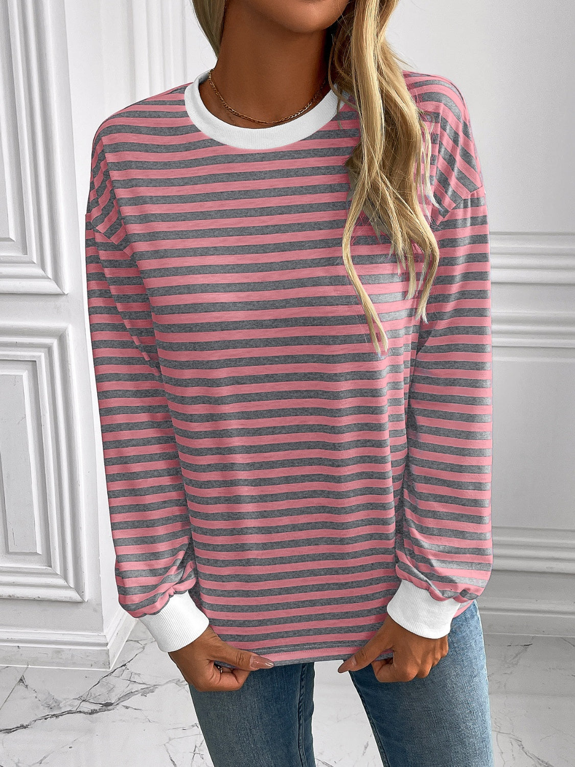 Ivy Lane Striped Round Neck Long Sleeve Sweatshirt-TOPS / DRESSES-[Adult]-[Female]-2022 Online Blue Zone Planet