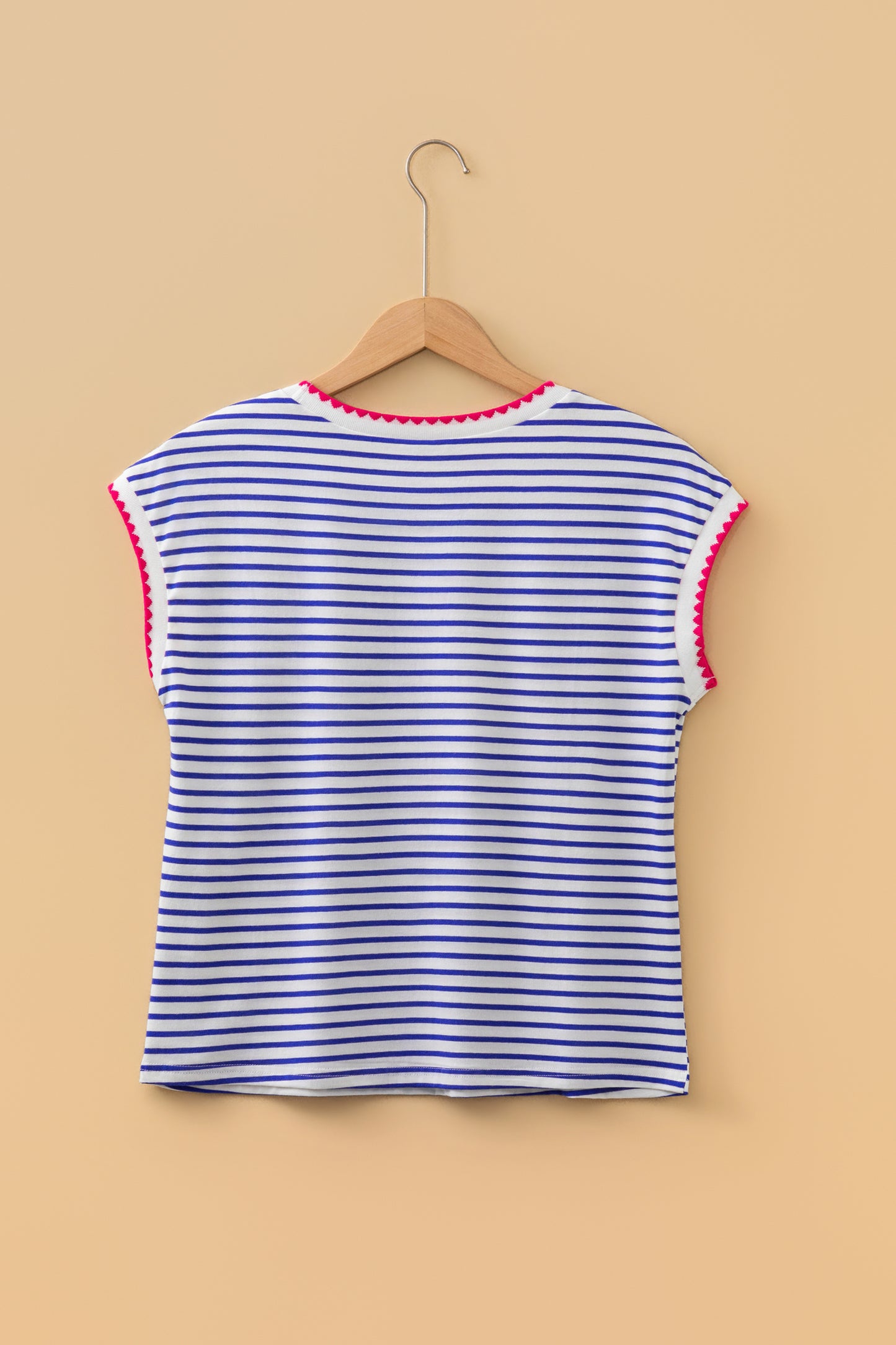 Blue Stripe Contrast Trim Round Neck Cap Sleeve Tee-Tops/Tops & Tees-[Adult]-[Female]-2022 Online Blue Zone Planet