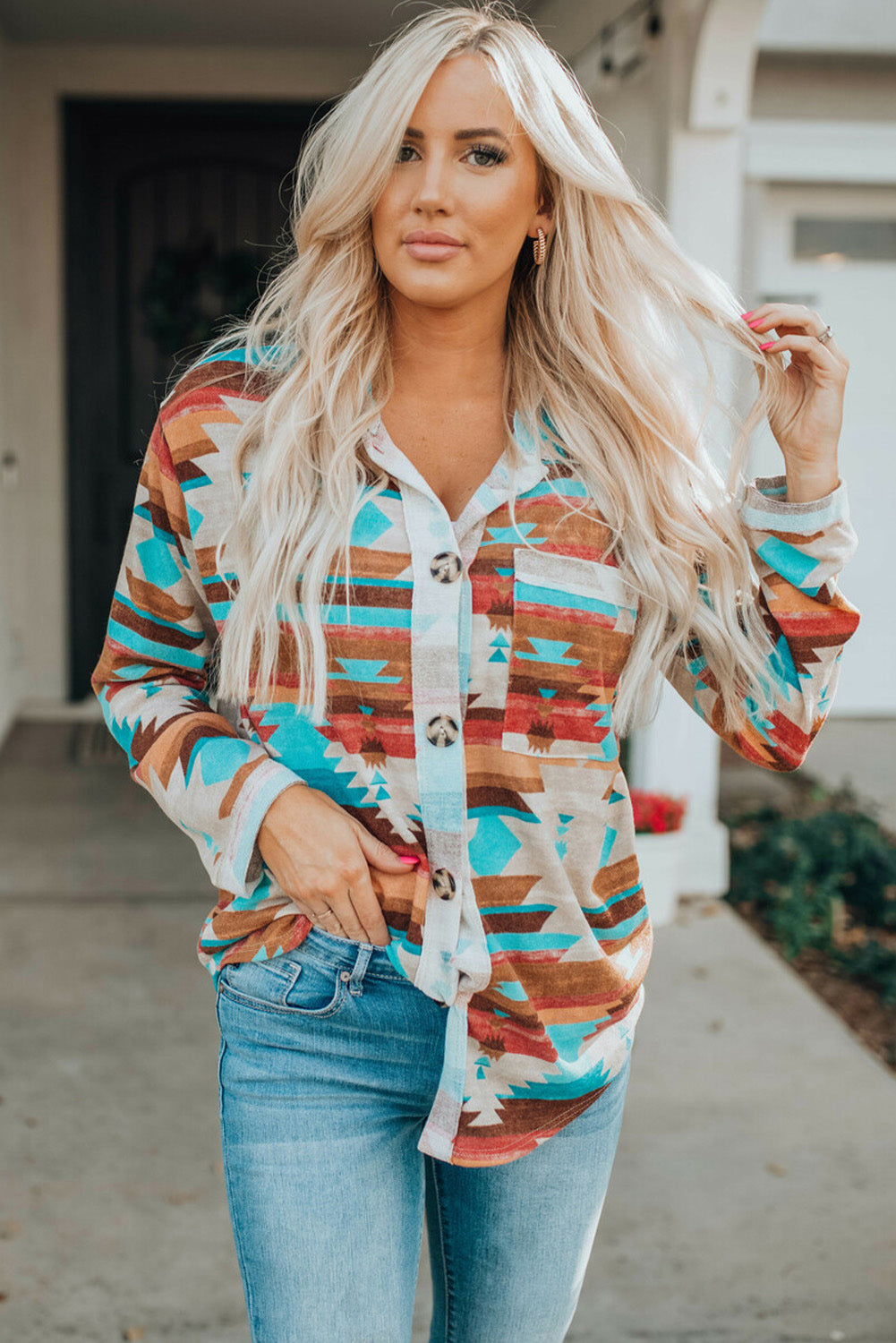 Multicolor Aztec Print Buttoned Pocket Chest Long Sleeve Shirt-Tops/Blouses & Shirts-[Adult]-[Female]-2022 Online Blue Zone Planet