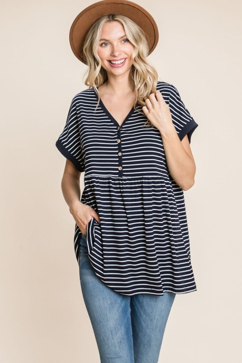 Blue Zone Planet | Cotton Bleu by Nu Label Striped Button Front Baby Doll Top-TOPS / DRESSES-[Adult]-[Female]-Stripe-S-2022 Online Blue Zone Planet