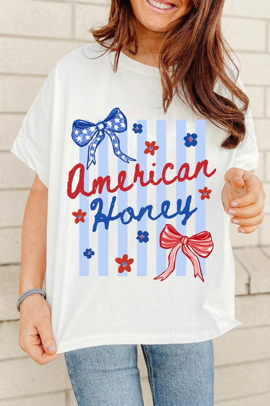 White American Honey Bow Flower Striped Graphic Tee-Graphic/Graphic Tees-[Adult]-[Female]-White-S-2022 Online Blue Zone Planet