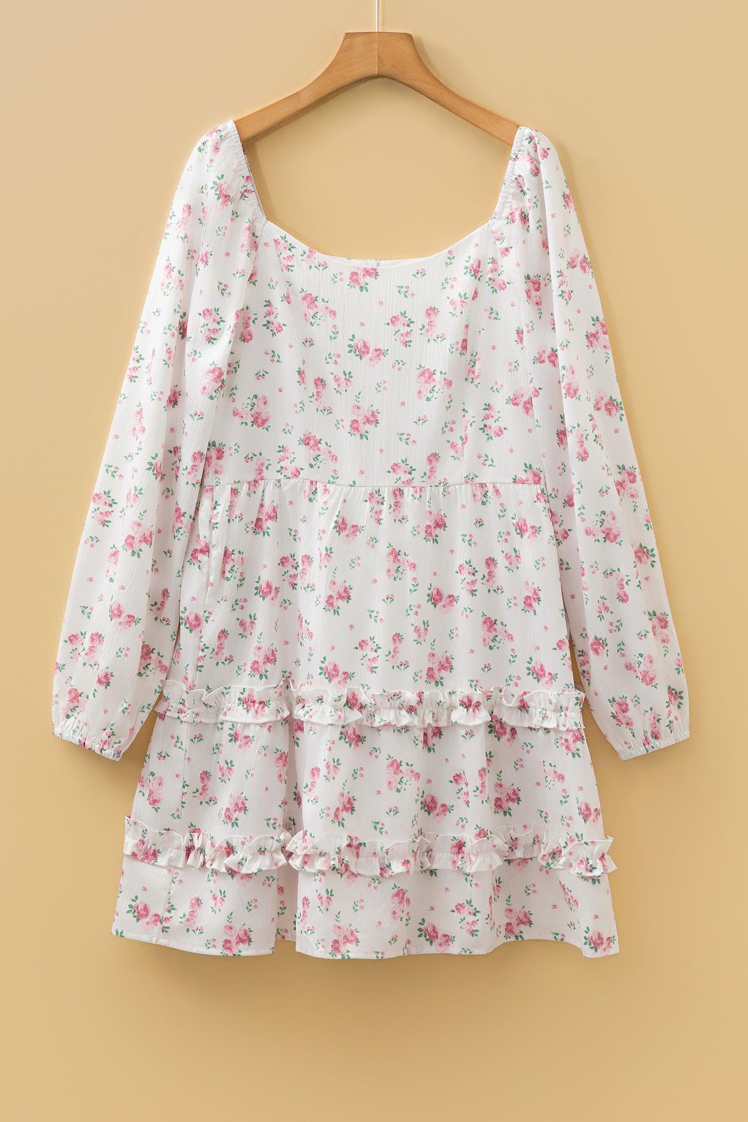 Pink Floral Print Long Sleeve Ruffle Detail Flared Mini Dress-TOPS / DRESSES-[Adult]-[Female]-2022 Online Blue Zone Planet