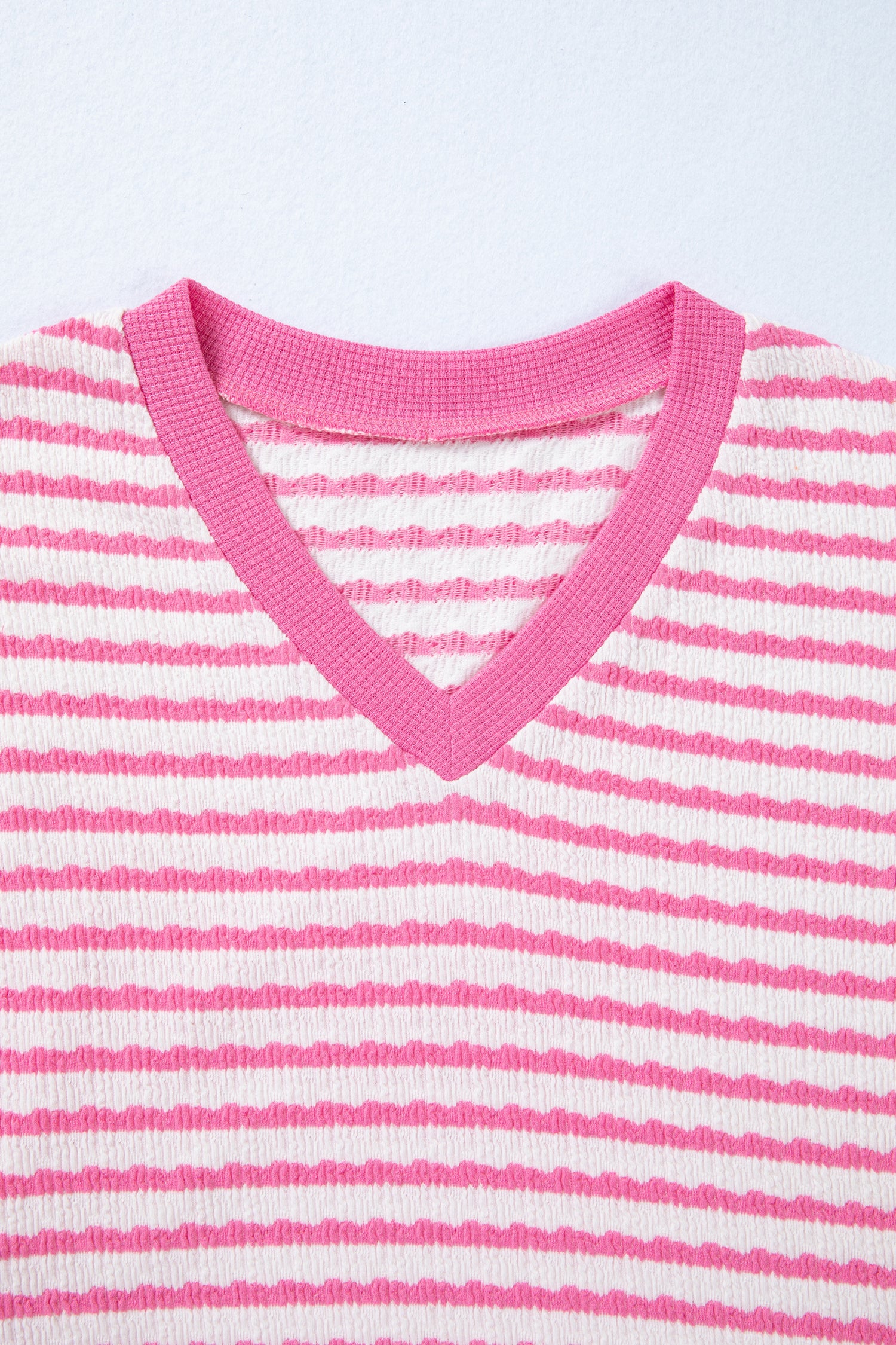 Pink Stripe Textured Knit Contrast Trim V Neck Short Sleeve Top-Tops/Tops & Tees-[Adult]-[Female]-2022 Online Blue Zone Planet