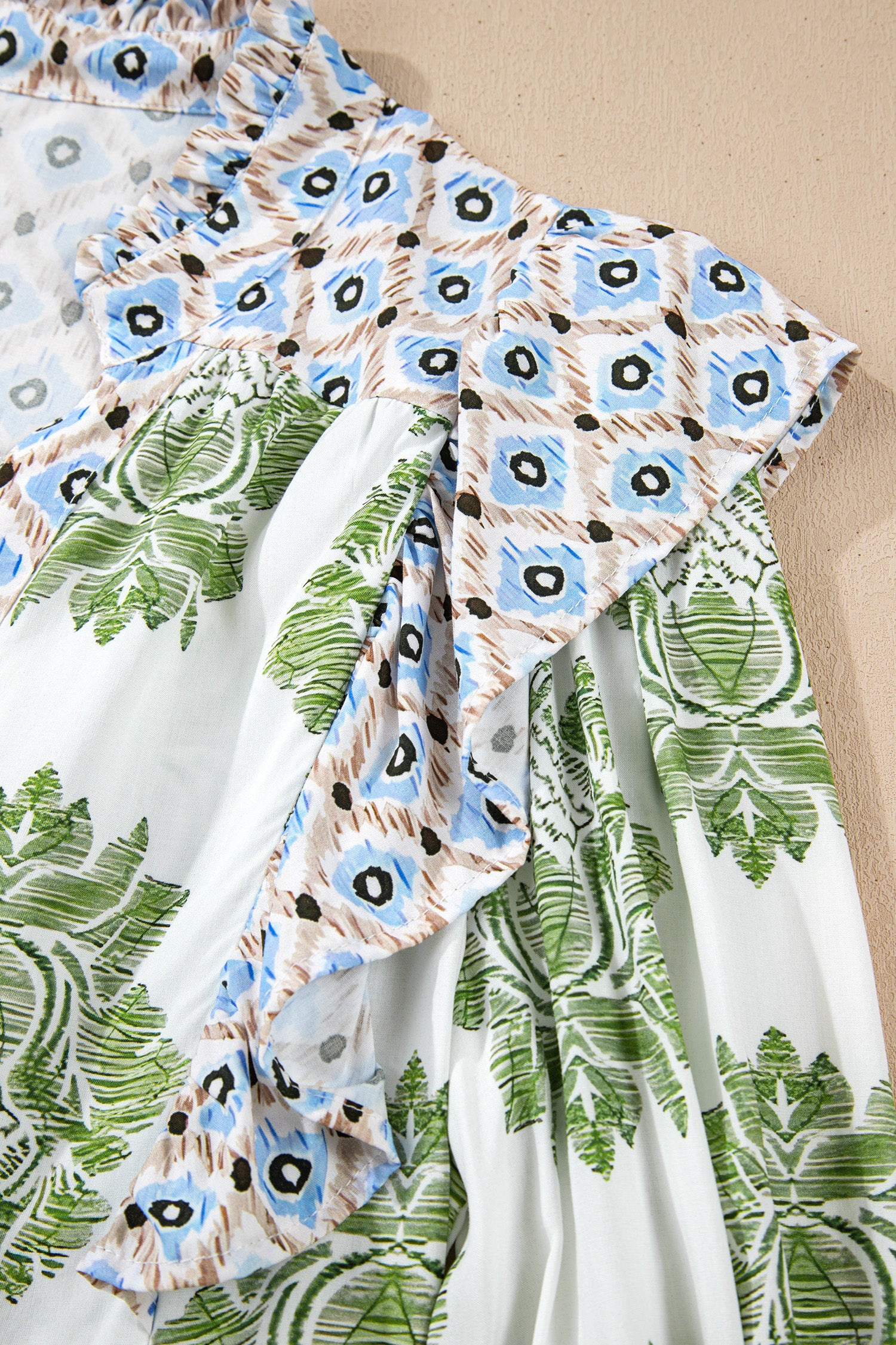 Green Floral Print Contrast Patchwork Ruffle Detail Mini Dress-TOPS / DRESSES-[Adult]-[Female]-2022 Online Blue Zone Planet