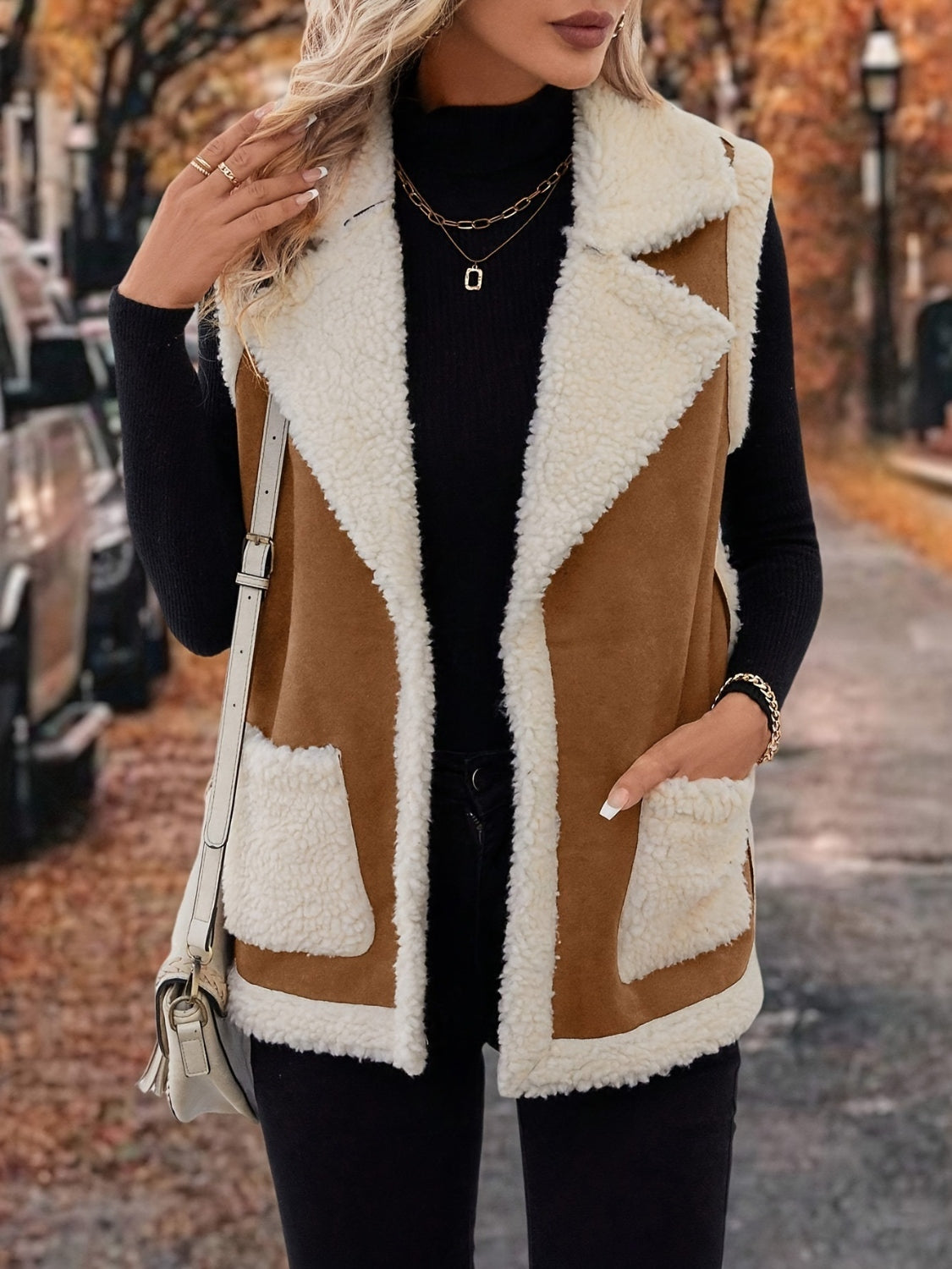 Full Size Contrast Open Front Sherpa Vest Coat-TOPS / DRESSES-[Adult]-[Female]-Camel-S-2022 Online Blue Zone Planet