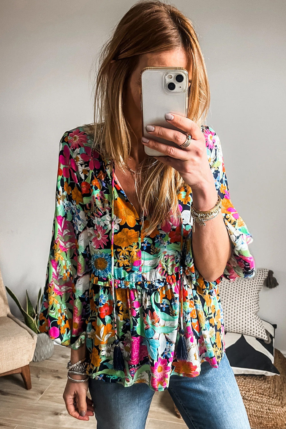 Multicolour Floral Print Bubble Sleeve V Neck Ruffled Blouse-Tops/Blouses & Shirts-[Adult]-[Female]-2022 Online Blue Zone Planet