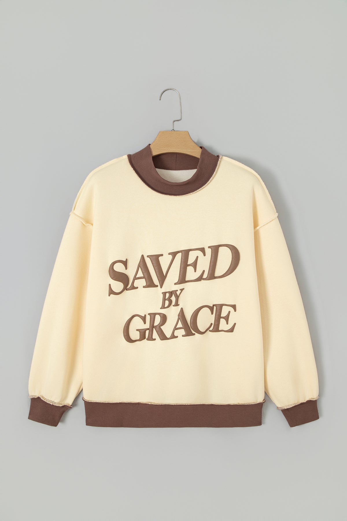 Beige Saved By Grace Print Color Block Mock Neck Oversized Sweatshirt-Tops/Sweatshirts & Hoodies-[Adult]-[Female]-2022 Online Blue Zone Planet