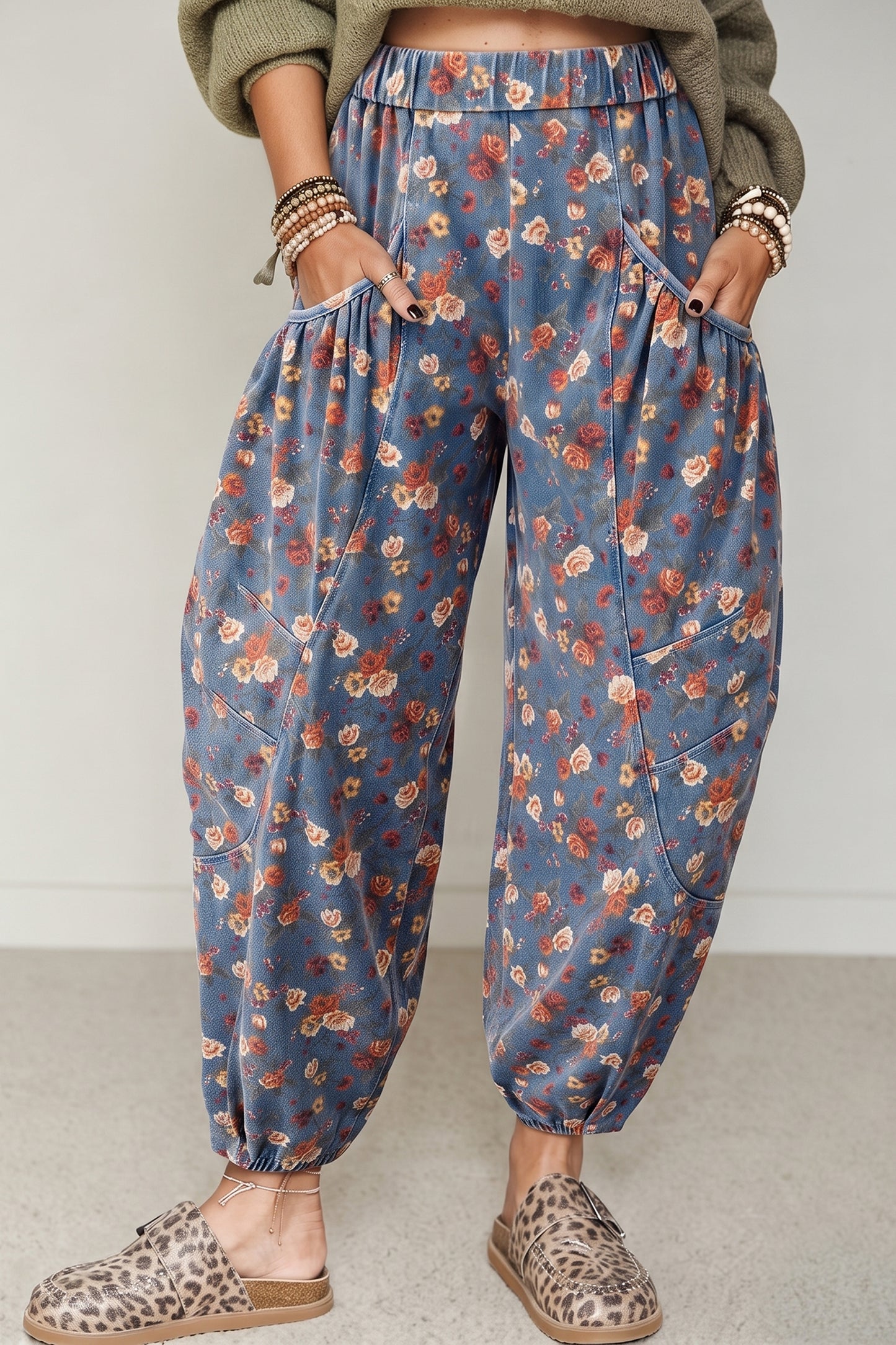Beau Blue Retro Floral Print Elastic Waist Pocketed Barrel Jeans