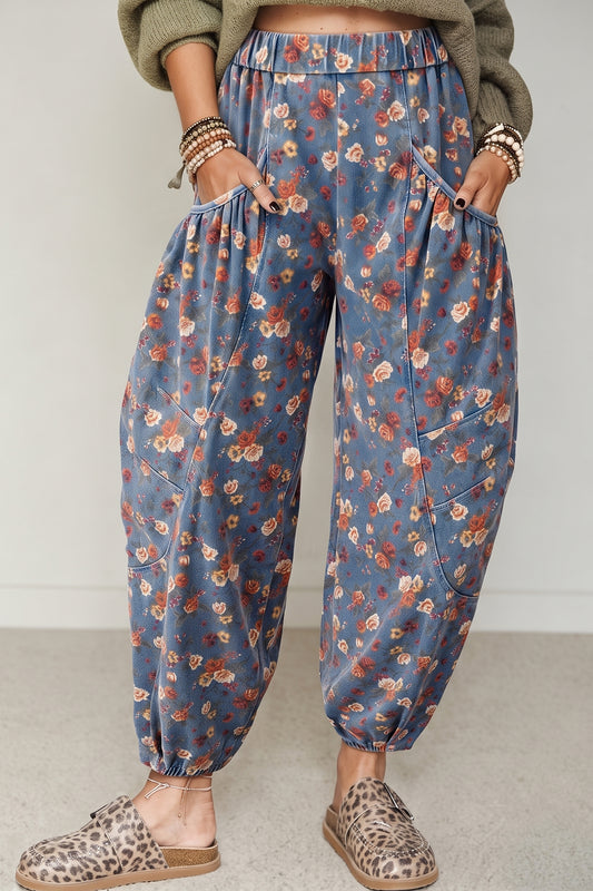 Beau Blue Retro Floral Print Elastic Waist Pocketed Barrel Jeans-Bottoms/Jeans-[Adult]-[Female]-Beau Blue-4-2022 Online Blue Zone Planet