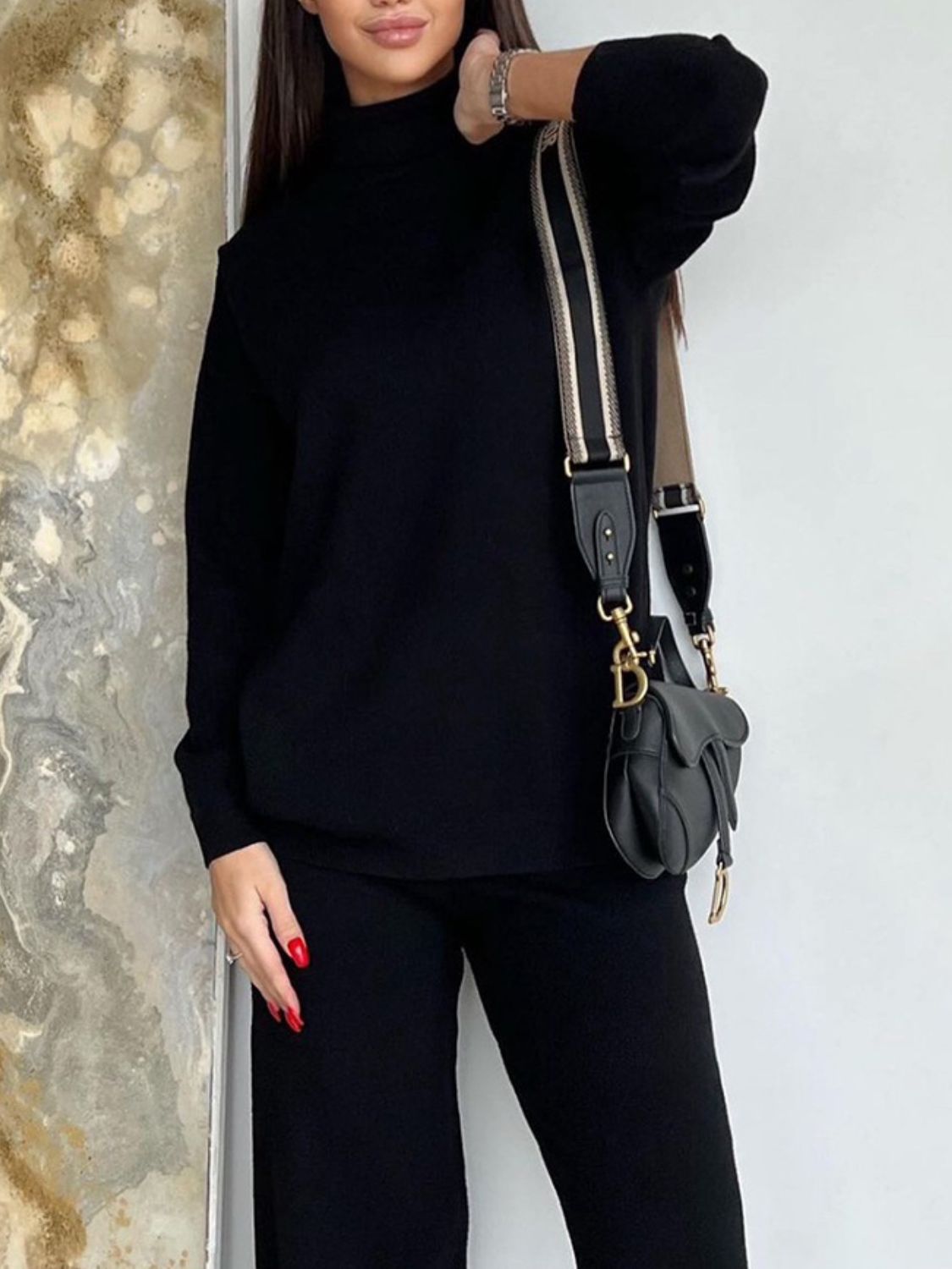 Turtleneck Long Sleeve Top and Drawstring Pants Sweater Set-TOPS / DRESSES-[Adult]-[Female]-Black-One Size-2022 Online Blue Zone Planet