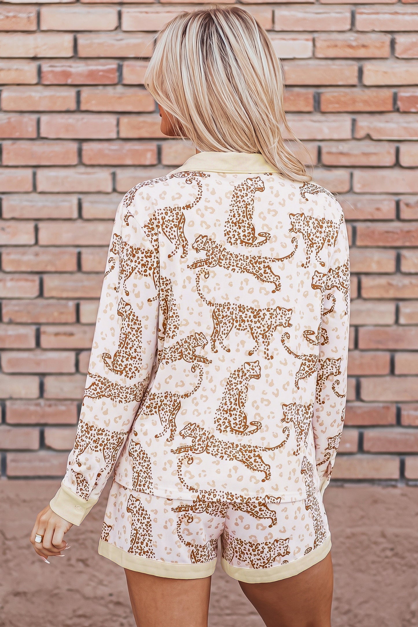 Yellow Leopard Print Colorblock Pocket Placket Long Sleeve Lounge Set-Loungewear & Sleepwear/Loungewear-[Adult]-[Female]-2022 Online Blue Zone Planet