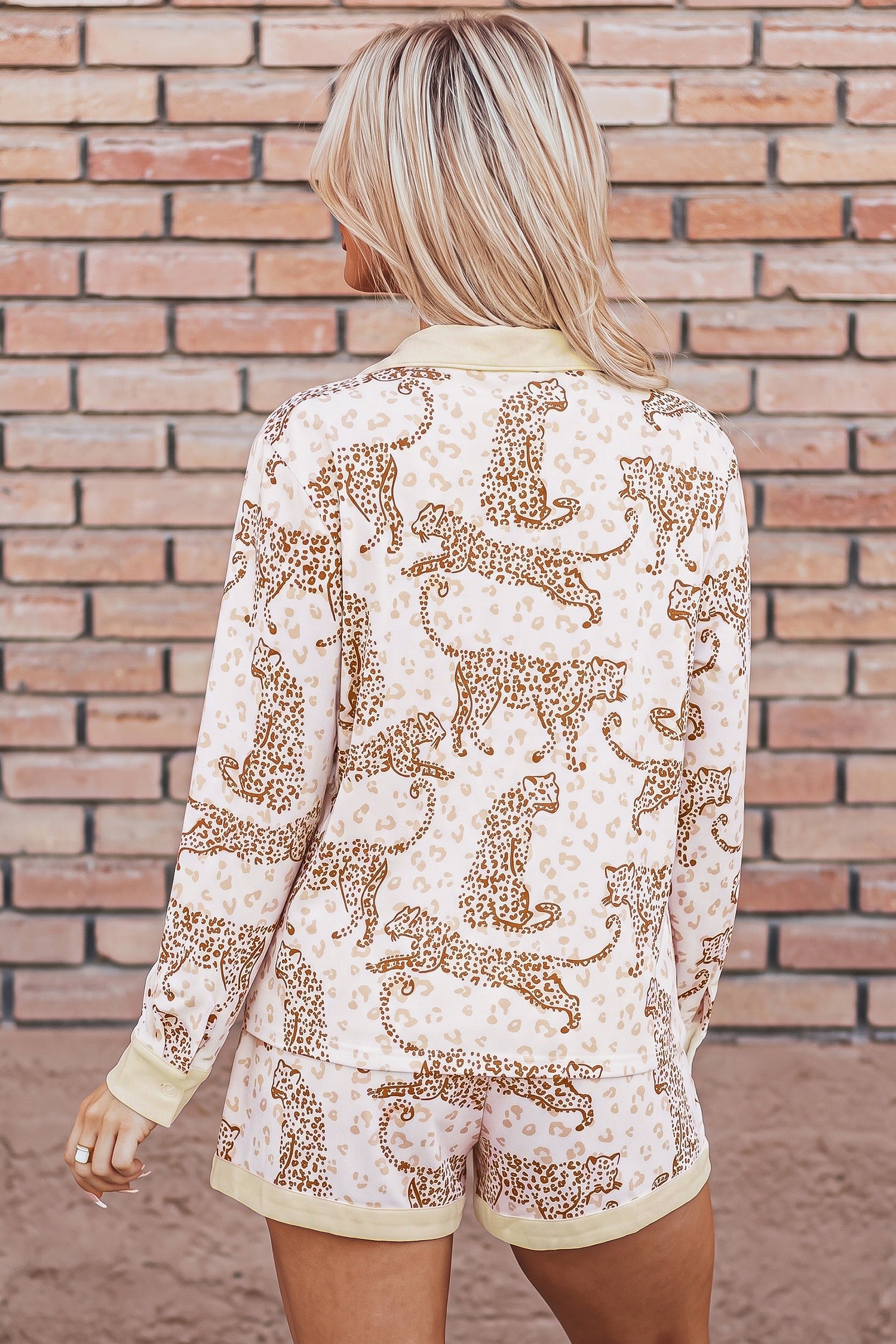 Yellow Leopard Print Colorblock Pocket Placket Long Sleeve Lounge Set-Loungewear & Sleepwear/Loungewear-[Adult]-[Female]-2022 Online Blue Zone Planet