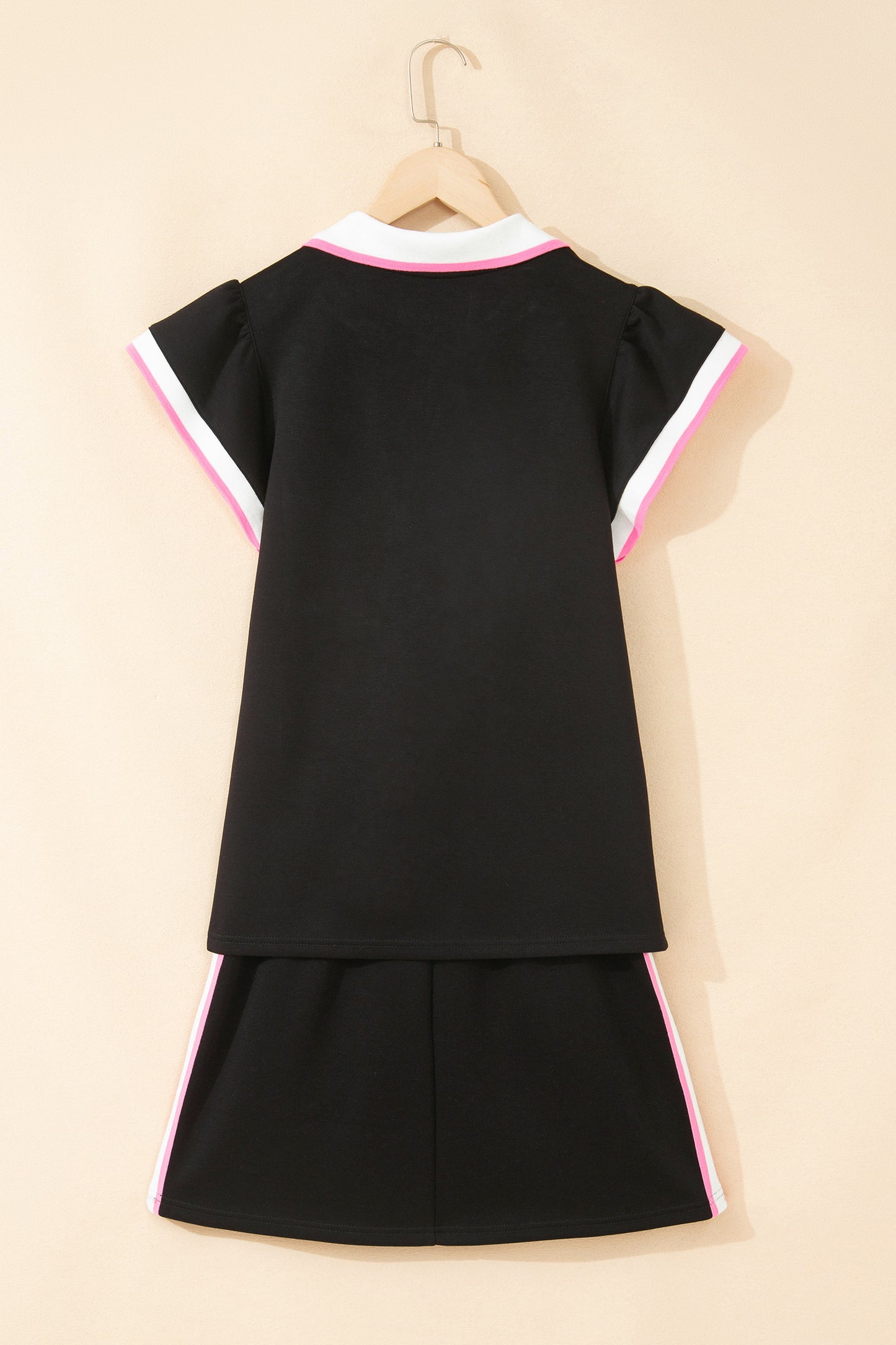 Black Preppy Striped Trim V Neck Polo Tee Drawstring Skirt Set-Two Piece Sets/Two Piece Dresses-[Adult]-[Female]-2022 Online Blue Zone Planet