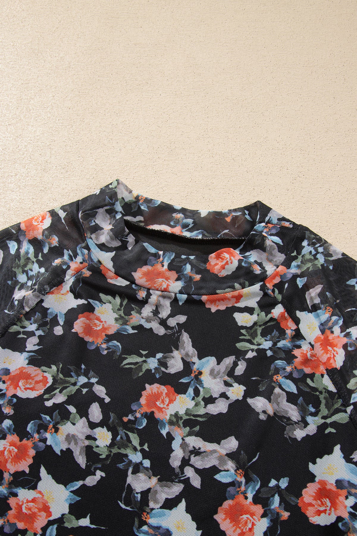 Black Floral Print Mesh Thumb Hole Long Sleeve Mock Neck Pullover Top-Pre Order/Pre Order Tops-[Adult]-[Female]-2022 Online Blue Zone Planet