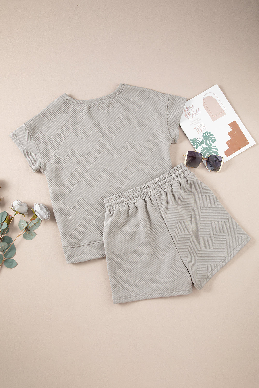 Gray Solid Color Textured Loose Top Casual Two Piece Short Set-Two Piece Sets/Short Sets-[Adult]-[Female]-2022 Online Blue Zone Planet