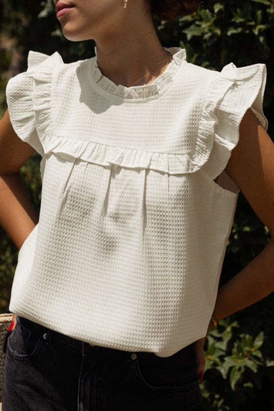 White Solid Color Ruffle Trim Waffle Knit Blouse-Tops/Blouses & Shirts-[Adult]-[Female]-White-S-2022 Online Blue Zone Planet