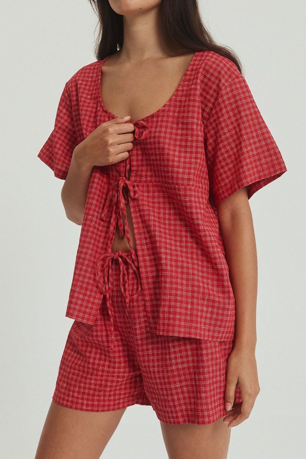 Plaid Tied Scoop Neck Short Sleeve Top and Drawstring Shorts Set-TOPS / DRESSES-[Adult]-[Female]-2022 Online Blue Zone Planet