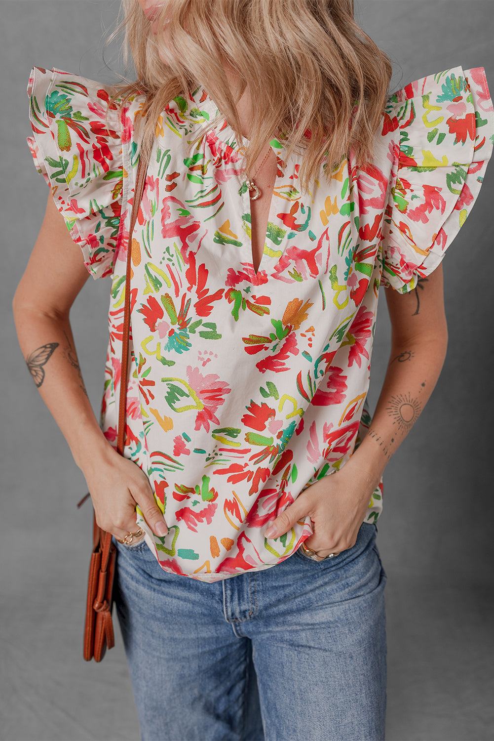 Multicolour Allover Floral Printed Flutter Sleeve Split Neck Blouse-Tops/Blouses & Shirts-[Adult]-[Female]-2022 Online Blue Zone Planet