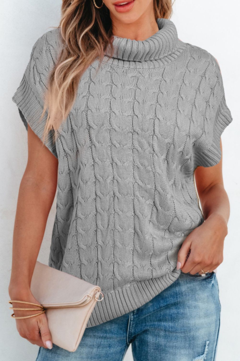 Cable Knit Turtleneck Short Sleeve Sweater-TOPS / DRESSES-[Adult]-[Female]-Gray-S-2022 Online Blue Zone Planet