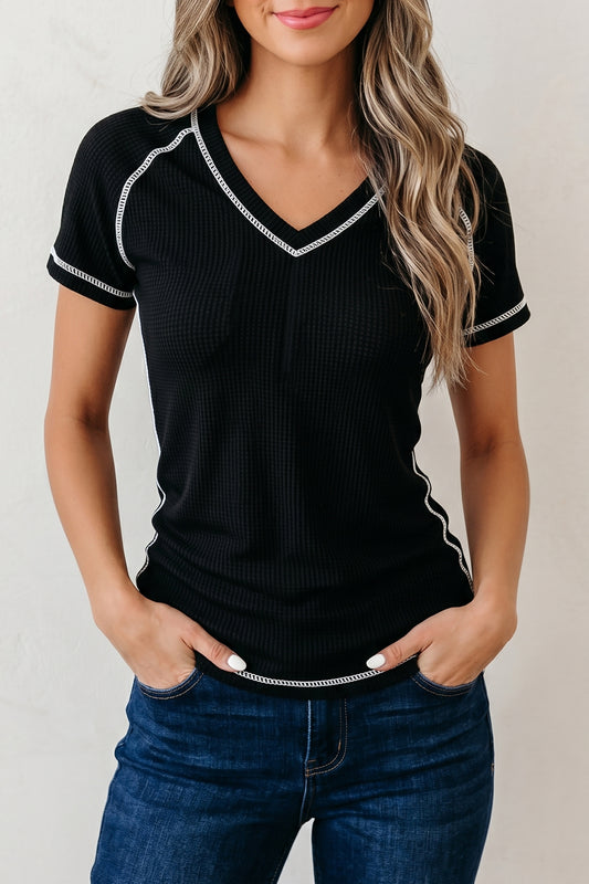 Black Waffle Textured Contrast Trim V Neck Tee-Tops/Tops & Tees-[Adult]-[Female]-Black-S-2022 Online Blue Zone Planet