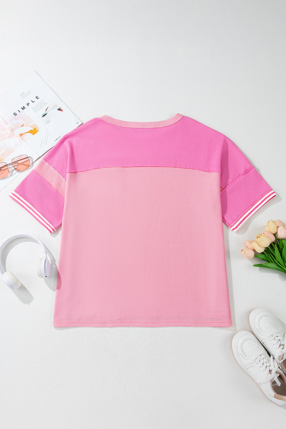 Pink Stripe Patchwork Colorblock Plus Size T Shirt-Plus Size/Plus Size Tops/Plus Size Tops & Tees-[Adult]-[Female]-2022 Online Blue Zone Planet