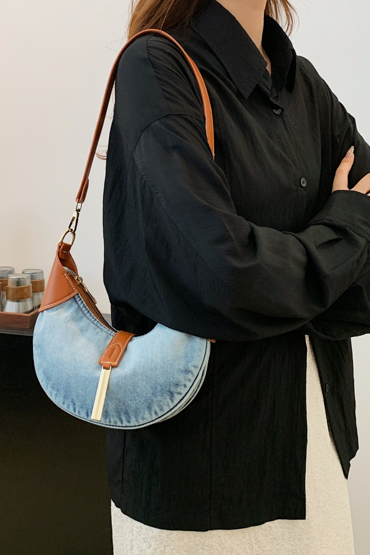 Contrast Denim Shoulder Bag-[Adult]-[Female]-2022 Online Blue Zone Planet