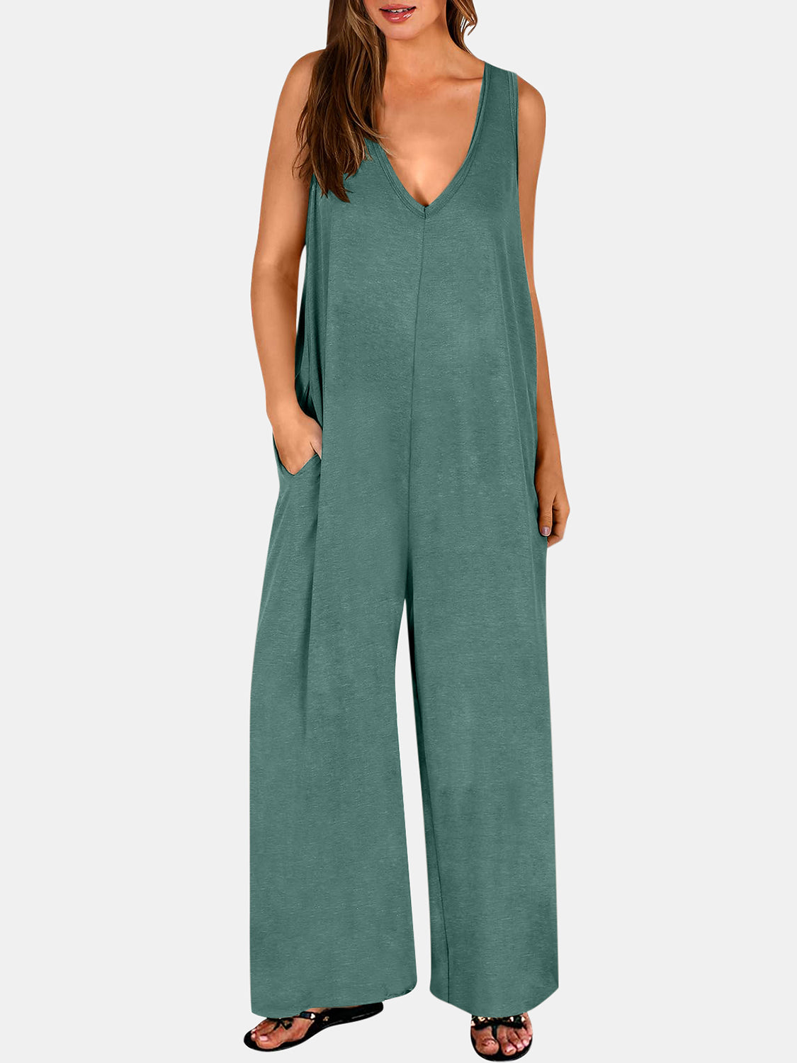 Full Size V-Neck Wide Strap Jumpsuit-TOPS / DRESSES-[Adult]-[Female]-Turquoise-S-2022 Online Blue Zone Planet