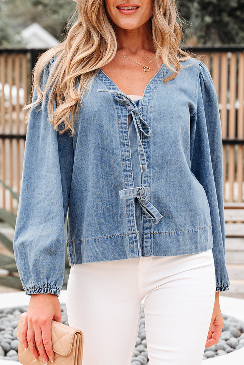 Dusk Blue Tied Front Long Puff Sleeve Denim Top-Tops/Blouses & Shirts-[Adult]-[Female]-2022 Online Blue Zone Planet