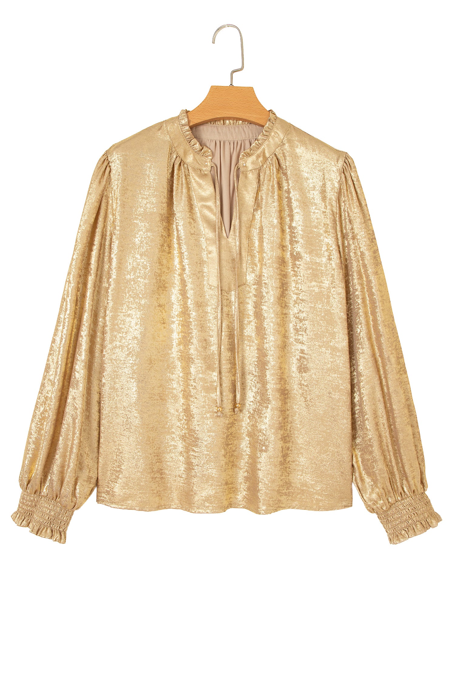 Gold Metallic Sheen V Neck Gathered Cuff Long Sleeve Blouse-Tops/Blouses & Shirts-[Adult]-[Female]-2022 Online Blue Zone Planet