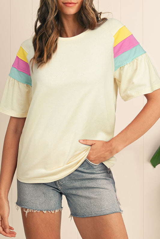 White Color Block Stitched Sleeve Loose T Shirt-Tops/Tops & Tees-[Adult]-[Female]-White-S-2022 Online Blue Zone Planet
