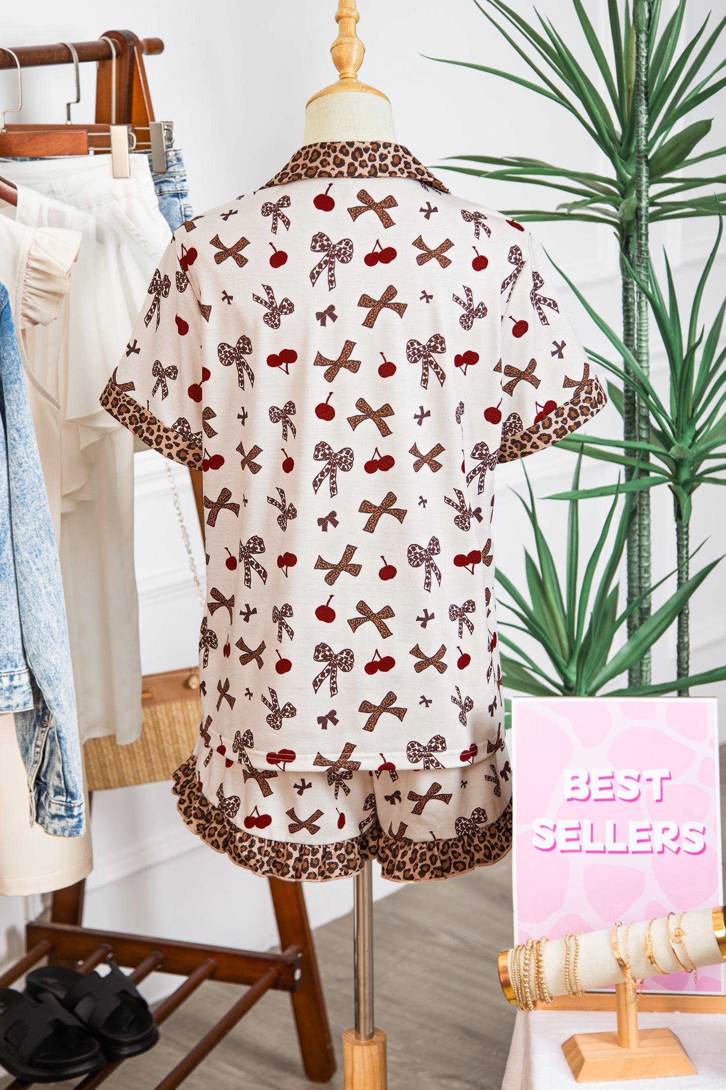 White Chic Bow Cherry Printed Leopard Contrast Patchwork Shirt Drawstring Shorts 2pcs PJ Set-Loungewear & Sleepwear/Sleepwear-[Adult]-[Female]-2022 Online Blue Zone Planet