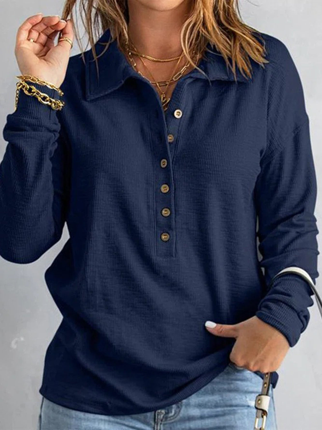 Full Size Half Button Collared Neck Drop Shoulder Top-TOPS / DRESSES-[Adult]-[Female]-Navy-S-2022 Online Blue Zone Planet