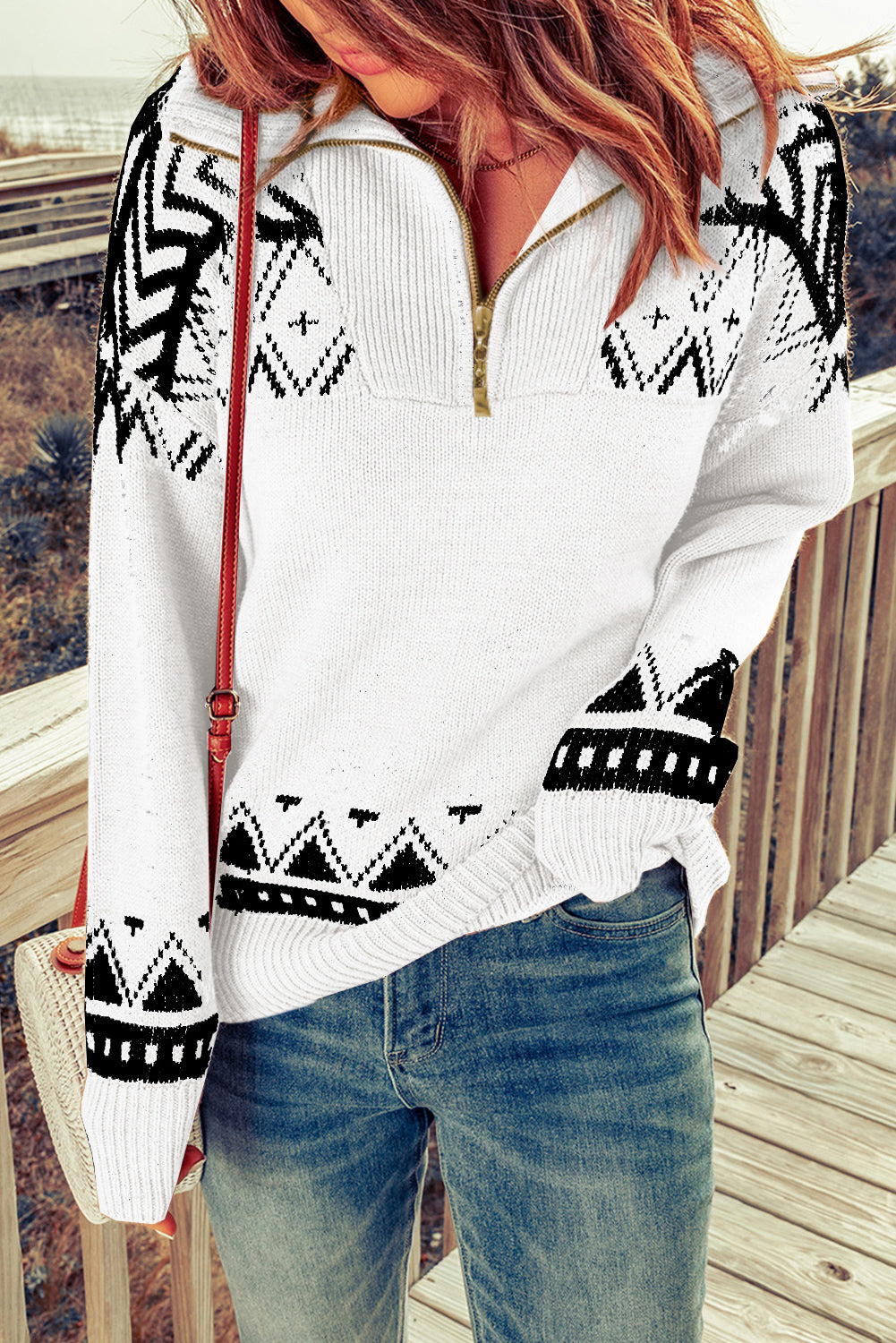 White Geometry Knit Quarter Zip Sweater-Tops/Sweaters & Cardigans-[Adult]-[Female]-2022 Online Blue Zone Planet