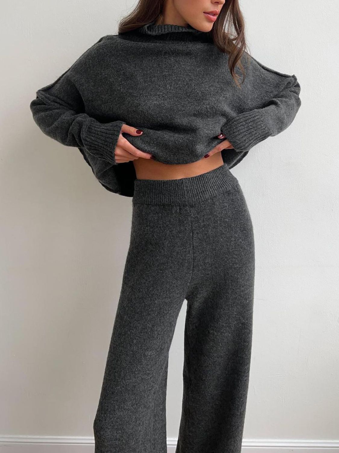 Slit Turtleneck Long Sleeve Top and Pants Sweater Set-TOPS / DRESSES-[Adult]-[Female]-Dark Gray-One Size-2022 Online Blue Zone Planet