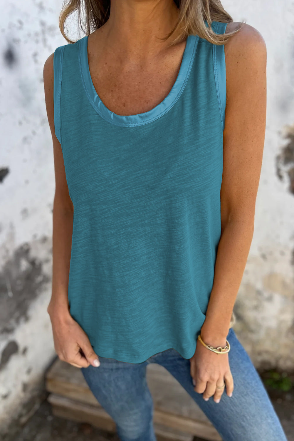 Peacock Blue Metallic Sheen Edge Scoop Neck Tank Top-Tops/Tank Tops-[Adult]-[Female]-2022 Online Blue Zone Planet